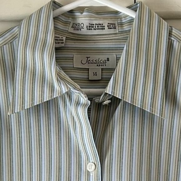 Jessica Sport 100% cotton green and yellow striped button down shirt-Size 14 - Picture 1 of 10